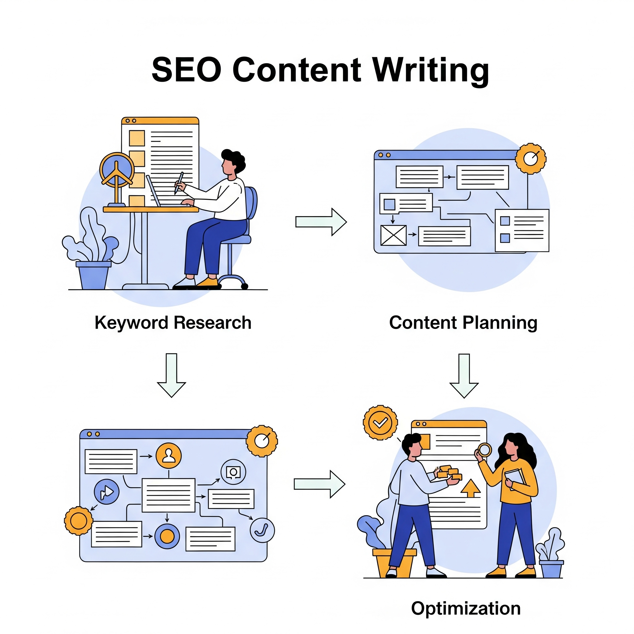 SEO content writing process with keyword research, content planning, and optimization