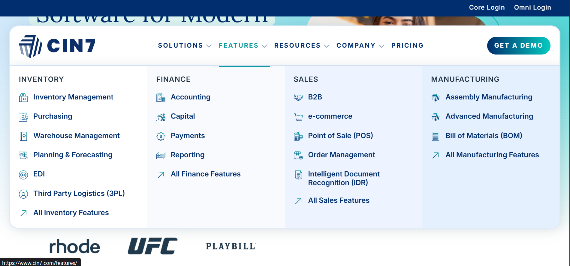 Cin7 Inventory Management interface showing product catalog and stock levels