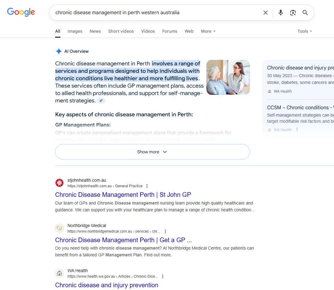 Keyword ranking screenshot for chronic disease management in Perth