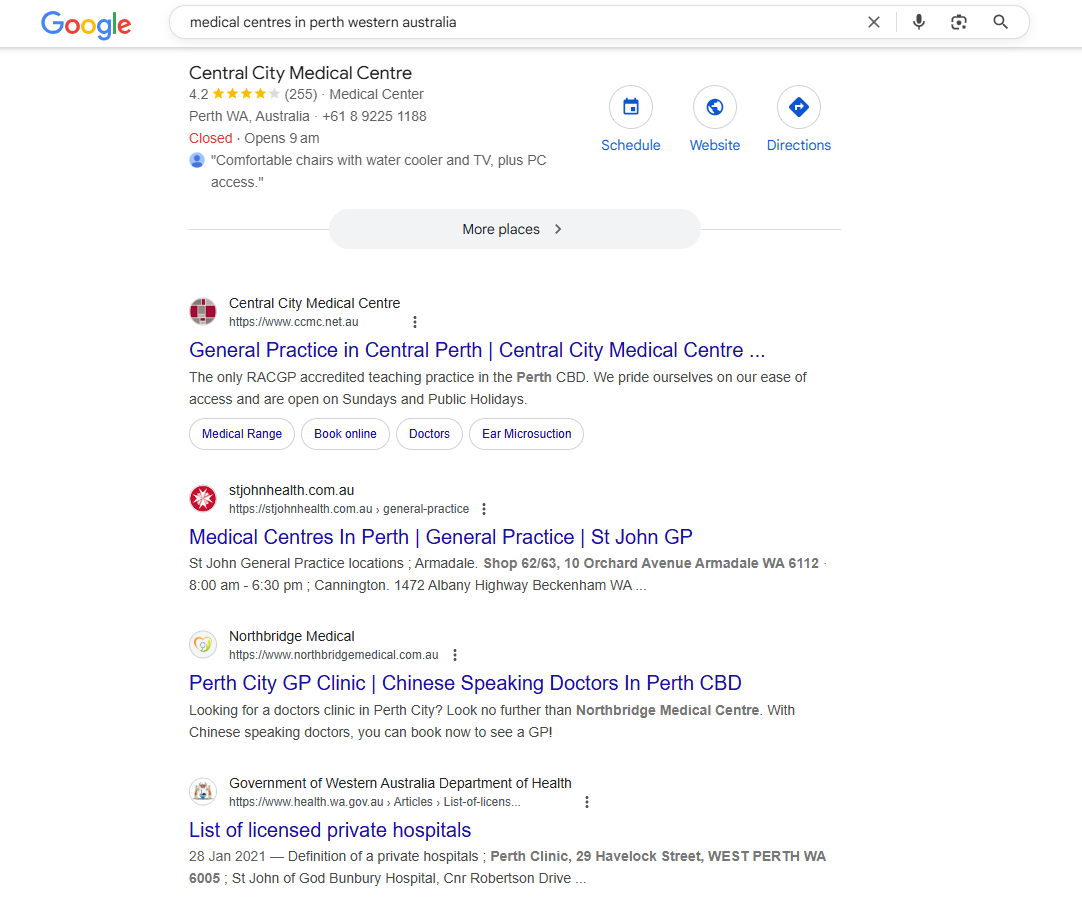 Keyword ranking screenshot for urgent care clinic perth