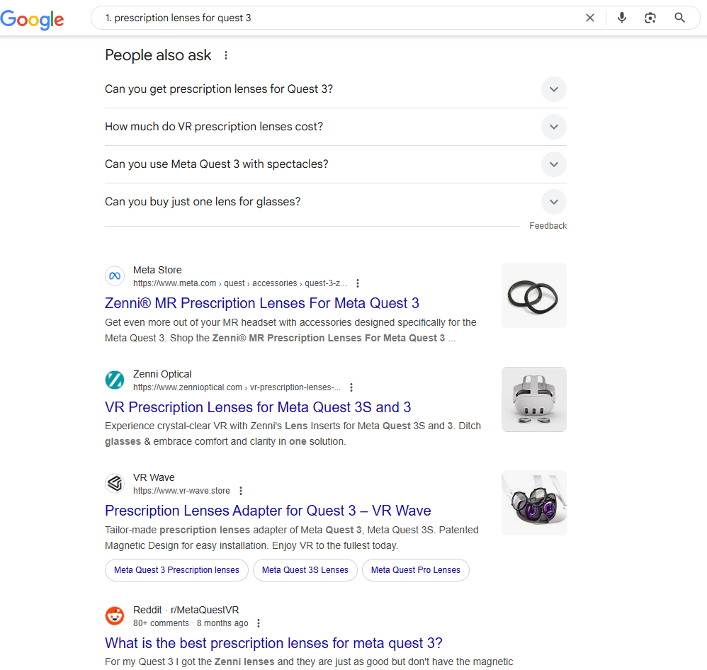 Keyword ranking screenshot showing position 3 for 'prescription lenses for quest 3'