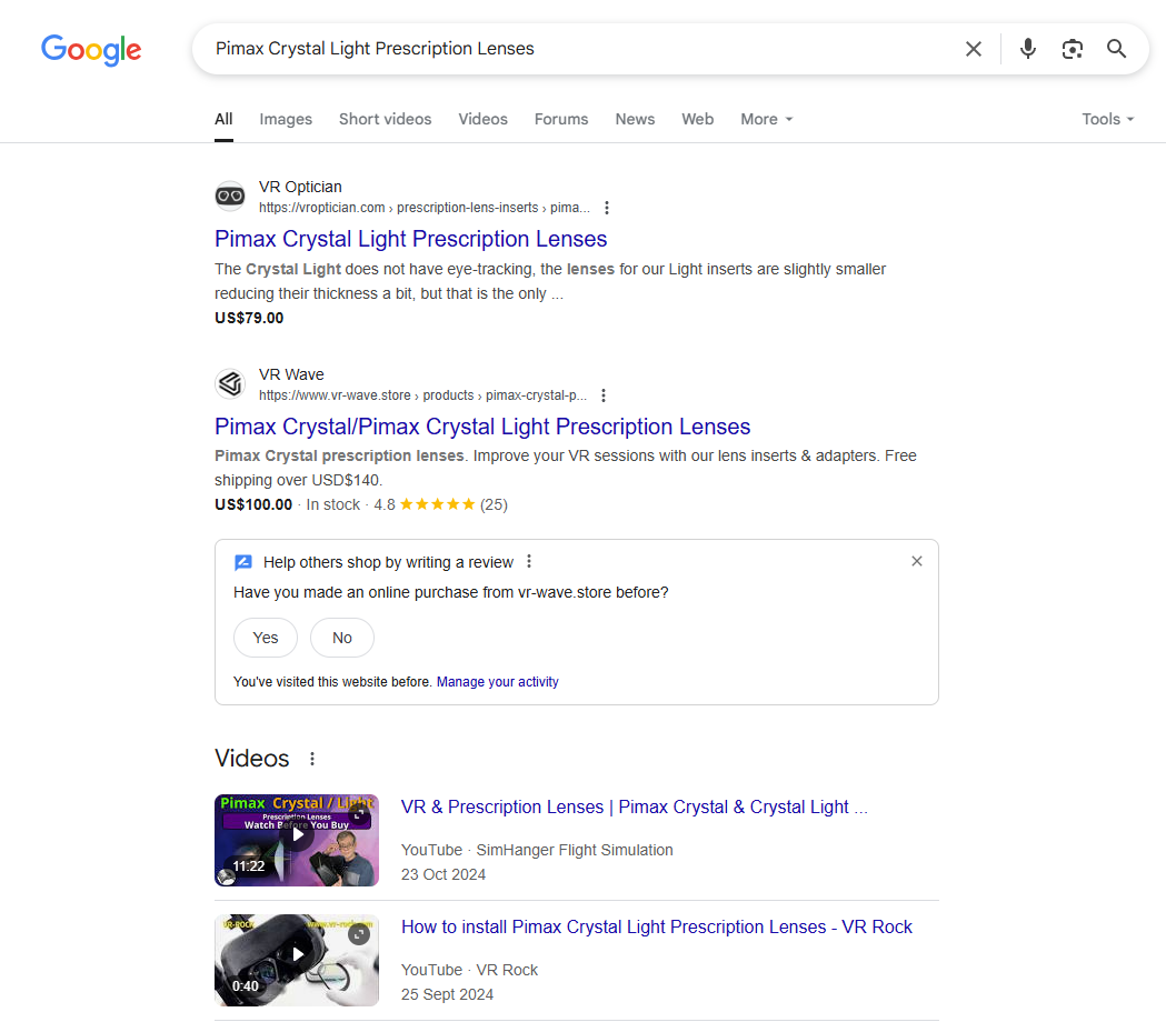Keyword ranking screenshot showing position 2 for 'Best prescription lenses Quest 3S'