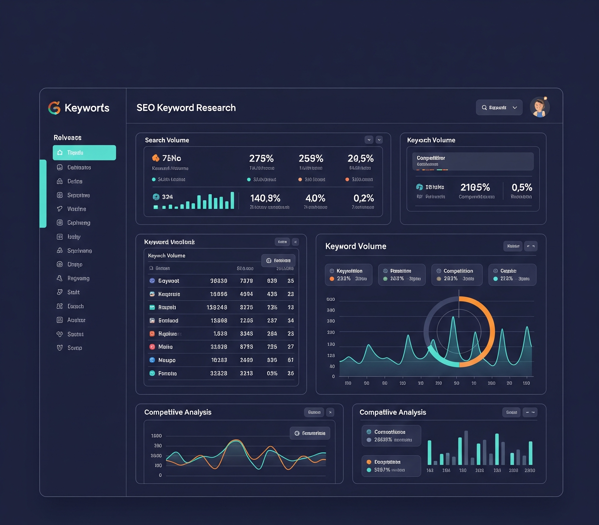 SEO Keyword Research Dashboard showing search volume and competition data